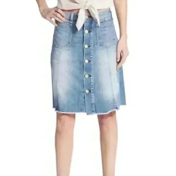 McGuire Denim Button Front Colombier Skirt in Michelada Light Wash with Raw Hem - Picture 1 of 7